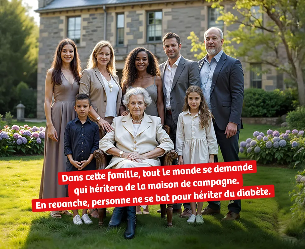 Photo de famille multi-générationnelle avec message de sensibilisation sur l'hérédité du diabète