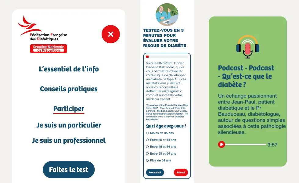 Interface Fédération des Diabétiques : menu, test FINDRISC et podcast sur le diabète