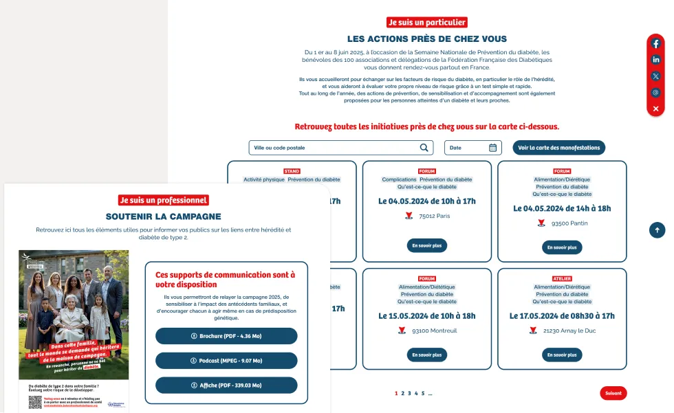Page événements de prévention du diabète avec recherche géographique et supports téléchargeables